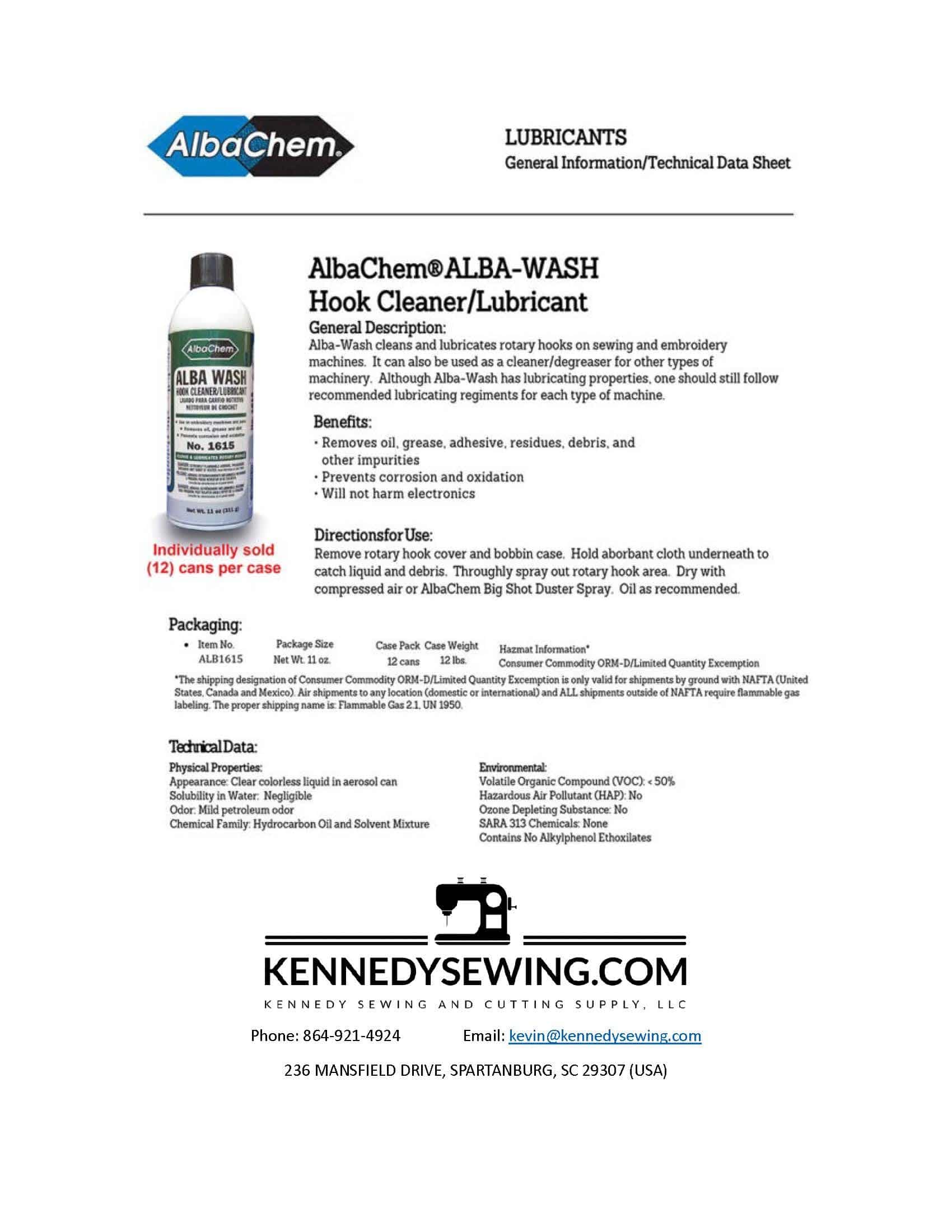 ALBACHEM ALBA-WASH HOOK CLEANER/ LUBRICANT

REMOVES: GREASE, ADHESIVE, RESIDUES, DEBRIS