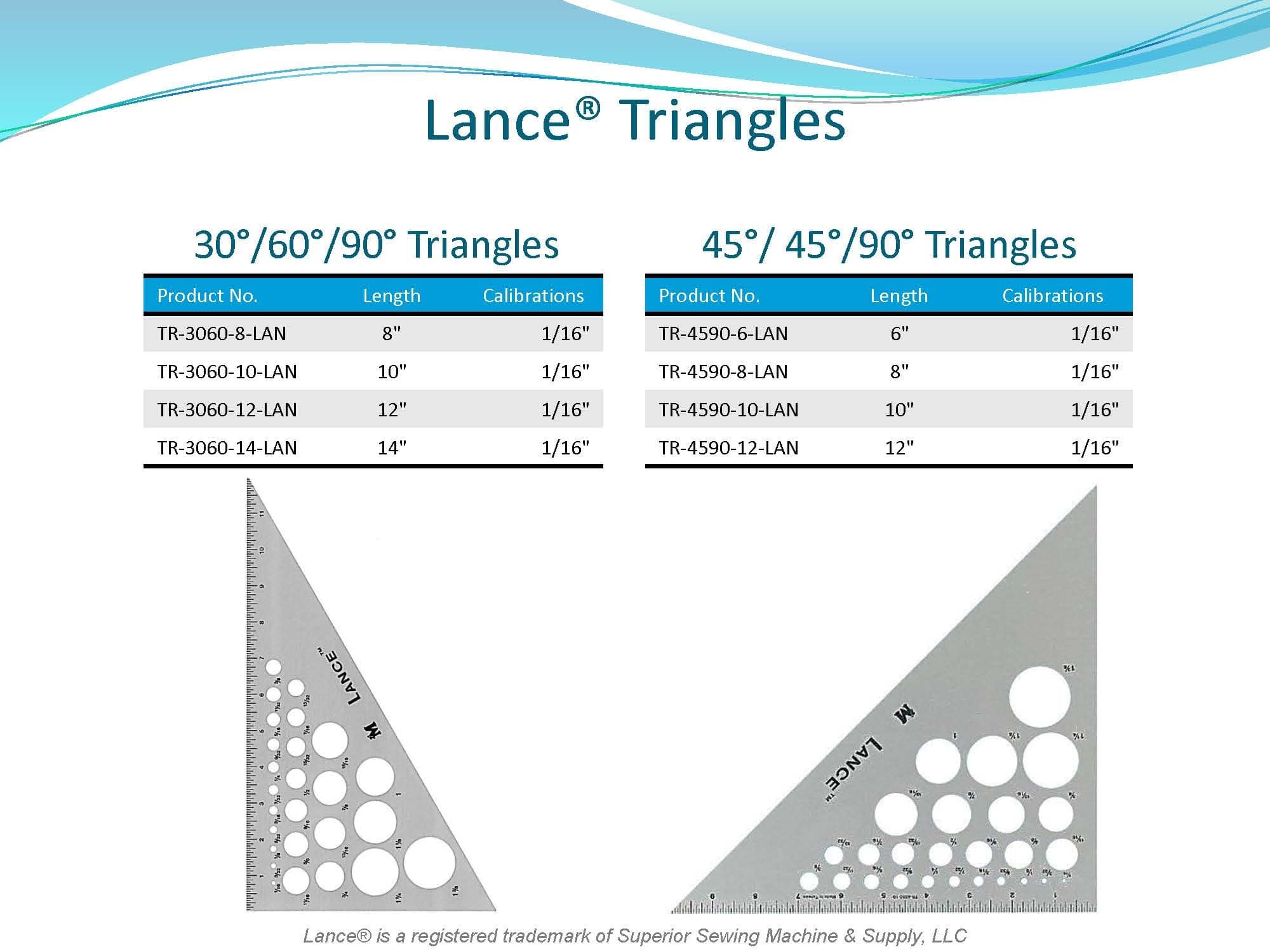 LANCE TRIANGLES
30/ 60/ 90 DEGREE TRIANGLES
45/ 45/ 90 DEGREE TRIANGLES
