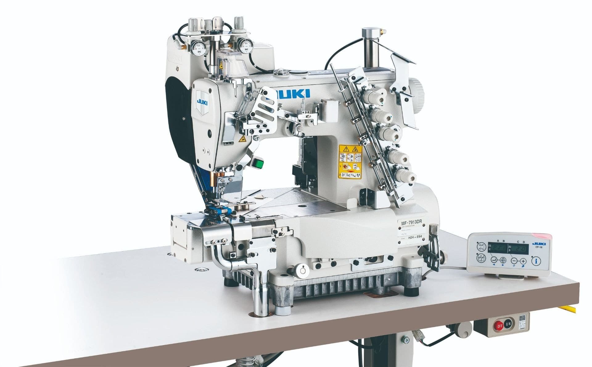 JUKI MF-7900DRH24 Series
Semi-dry head, Cylinder-bed, Bottom Coverstitch Machine with digital type top feed/For hemming with left hand fabric trimmer