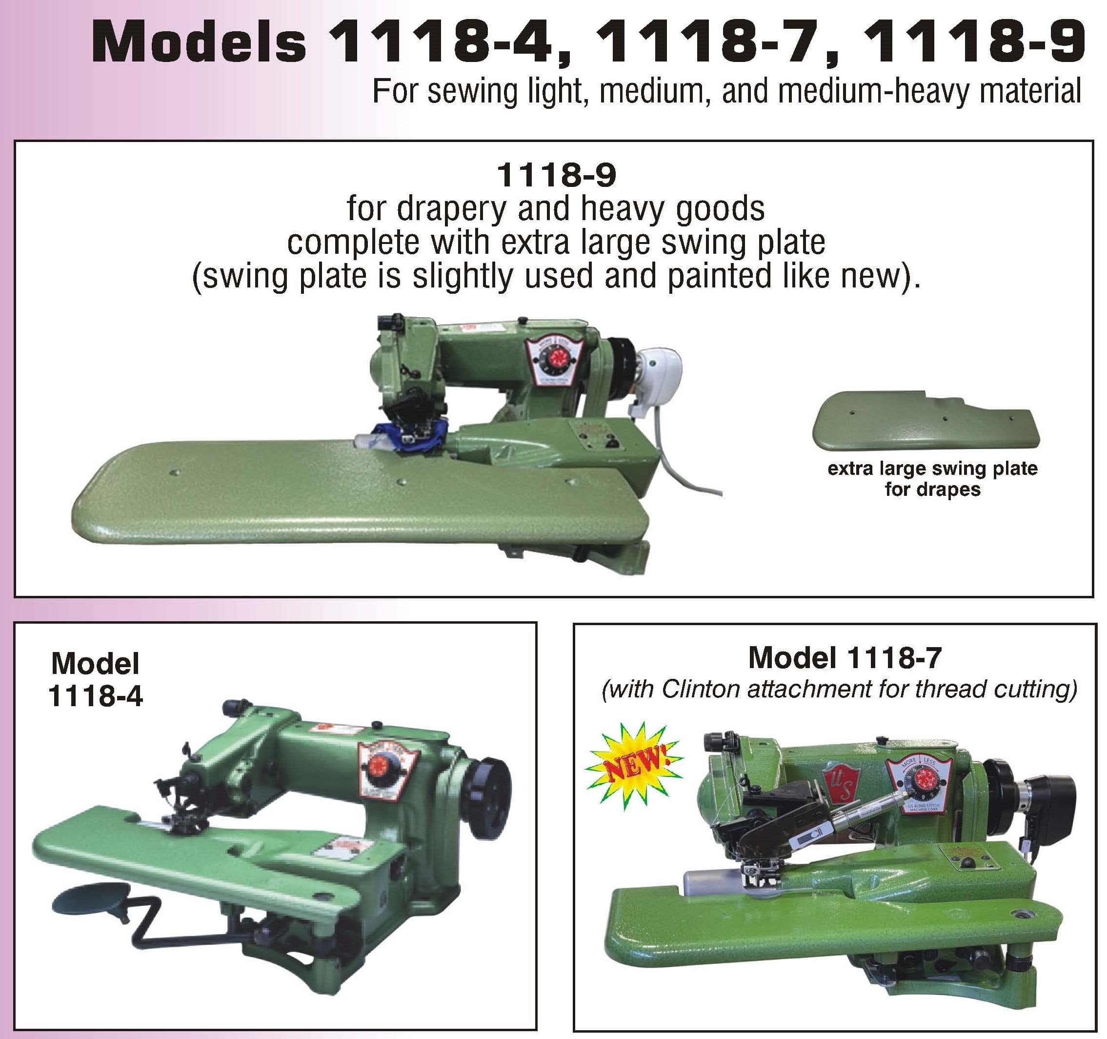 US BLINDSTITCH SEWING MACHINE COMPANY
BLINDSTITCH MACHINES
MODEL: 1118-4, 1118-7, 1118-9 FOR SEWING LIGHT, MEDIUM, AND MEDIUM-HEAVY MATERIALS
FOR SEWING DRAPERY