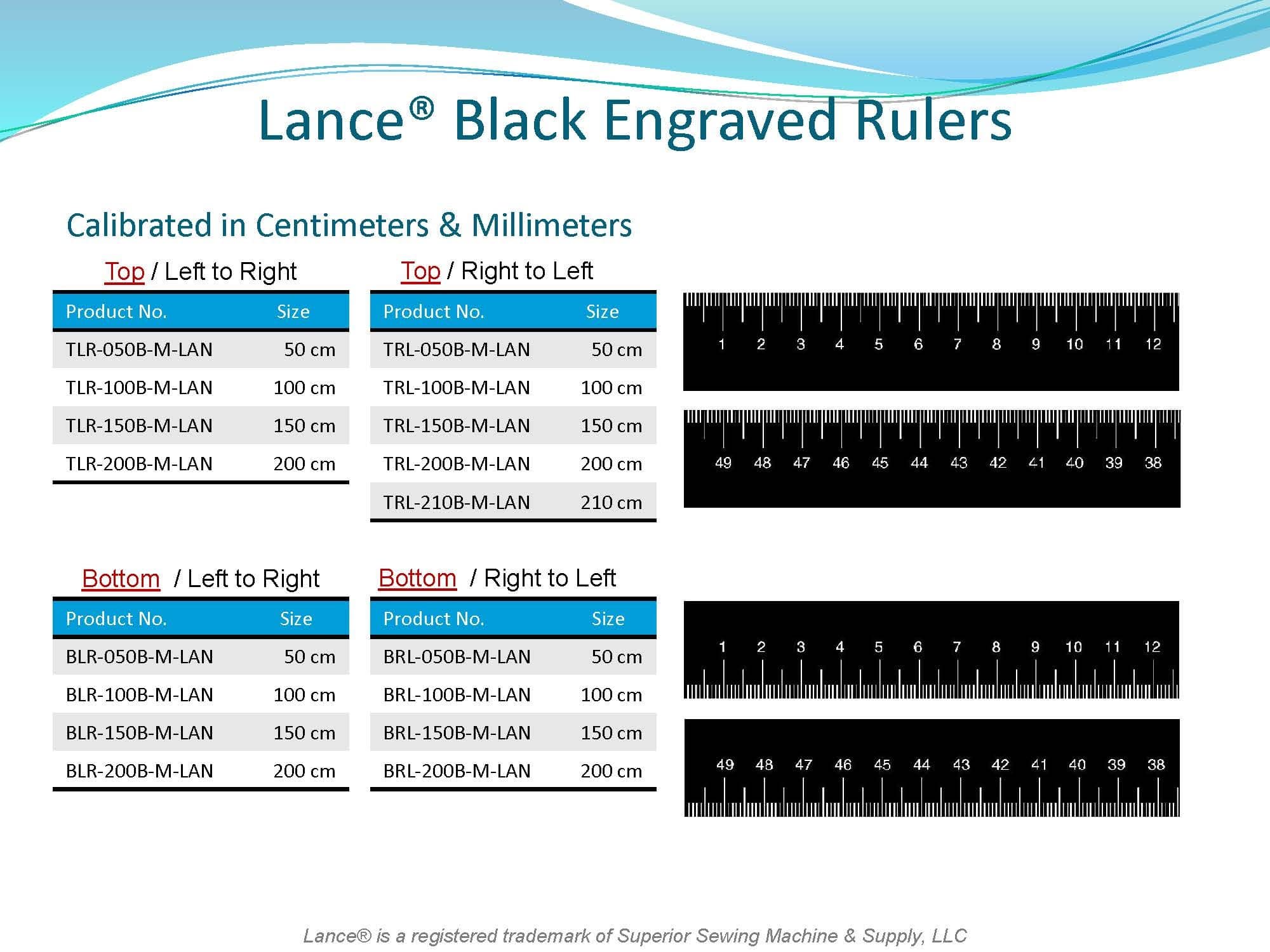 LANCE BLACK ENGRAVED RULER
CALIBRATED in cm or mm 
TOP EDGE or BOTTOM EDGE
AVAILABLE  in 50cm  to 200cm"
