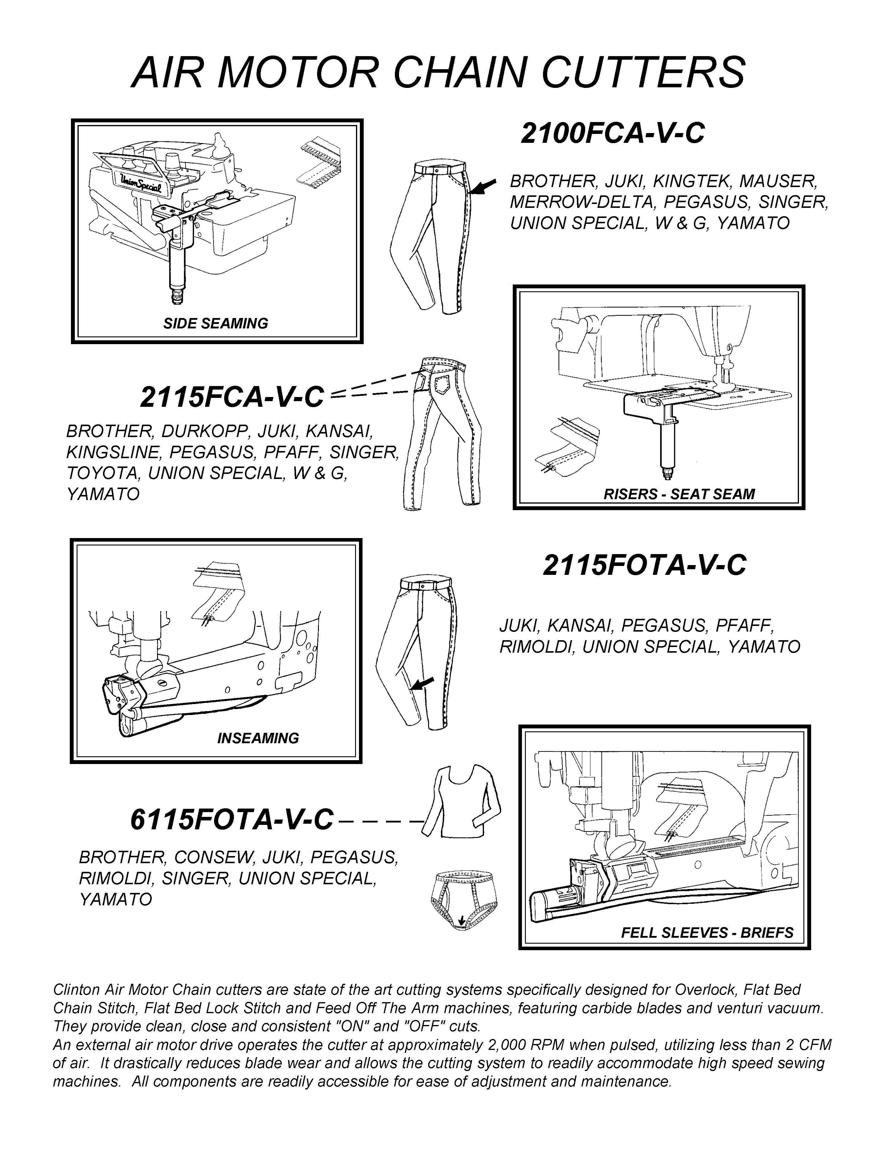 CLINTON AIR CHAIN CUTTERS FOR
FEED-OFF-THE-ARM SEWING MACHINES 
2115FOTA-V-C and 615FOTA-V-C

CLINTON AIR CHAIN CUTTERS FOR
SIDE SEAMING/ SERGING/ OVERLOCKING
