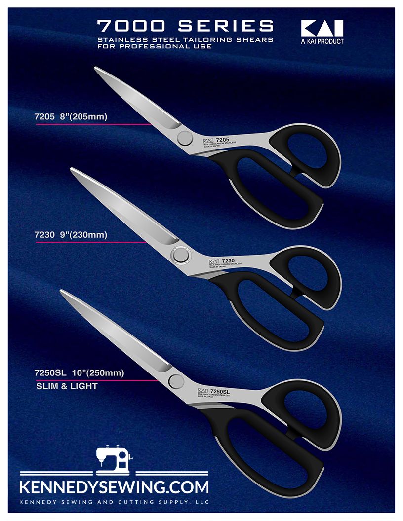 KAI 7000 SERIES 
STAINLESS STEEL TAILORING SHEARS
7205 - 8" (205mm)
7230 - 9" (230mm)
7250SL - 10" (250mm)
SLIM & LIGHT