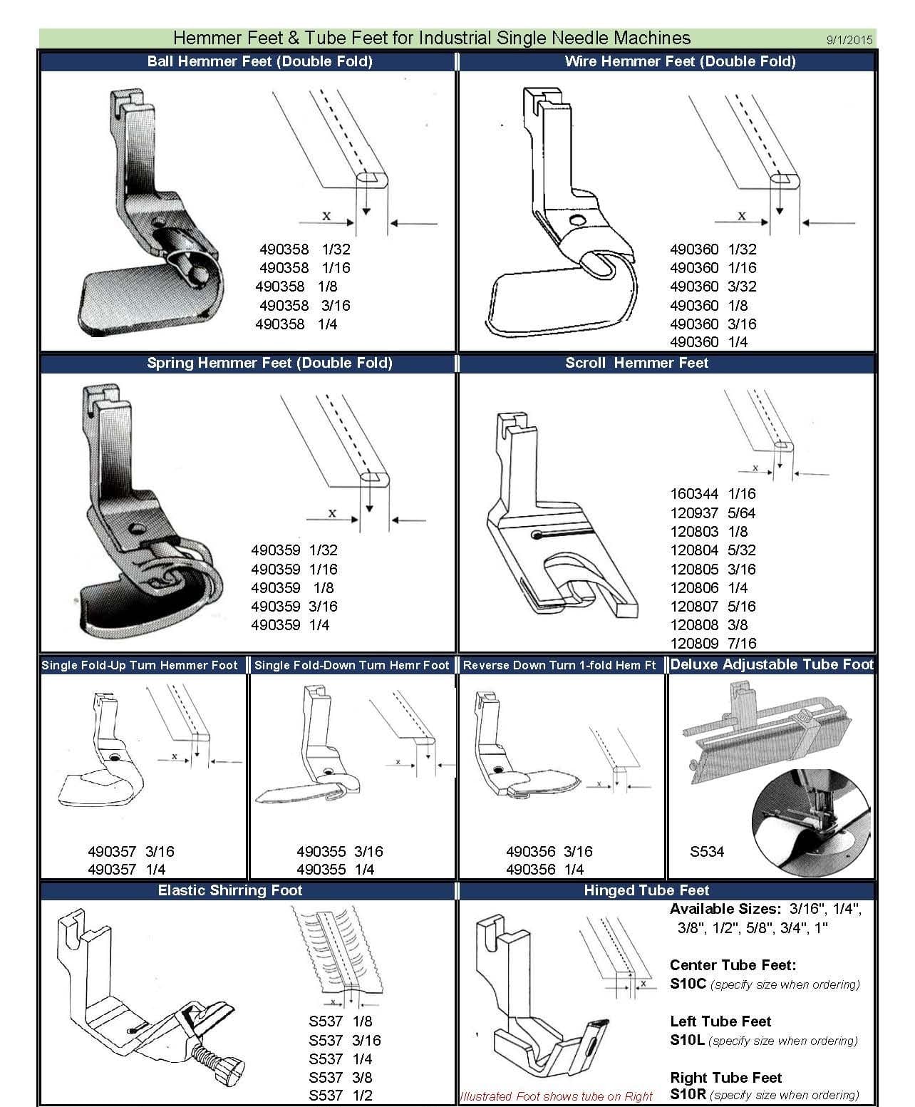 HEMMER FEET and TUBE FEET FOR INDUSTRIAL SINGLE NEEDLE MACHINES